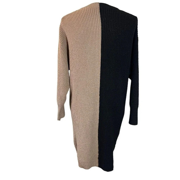 SHEIN Knit Knee Length Dress Medium Draped V Neck Black Tan Colorblock Baggy - Picture 3 of 6